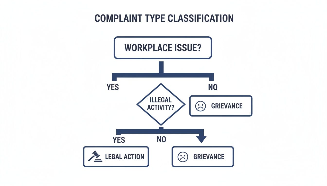 A flowchart for complaint type classification, determining legal action or grievance based on workplace issue and illegal activity.