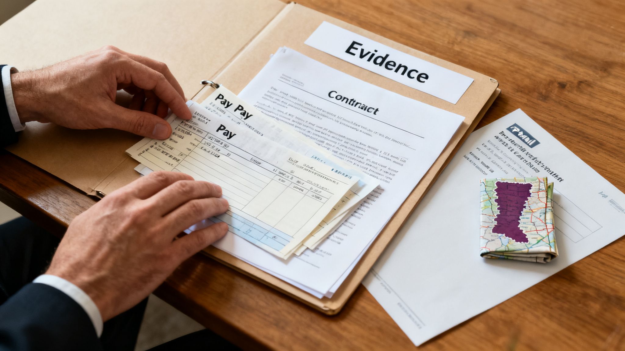 A person's hands holding pay slips on a wooden desk with contract and evidence documents.