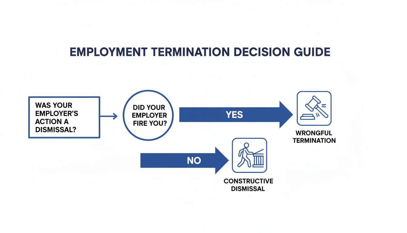 Flowchart guiding through employment termination decisions, distinguishing between wrongful termination and constructive dismissal.