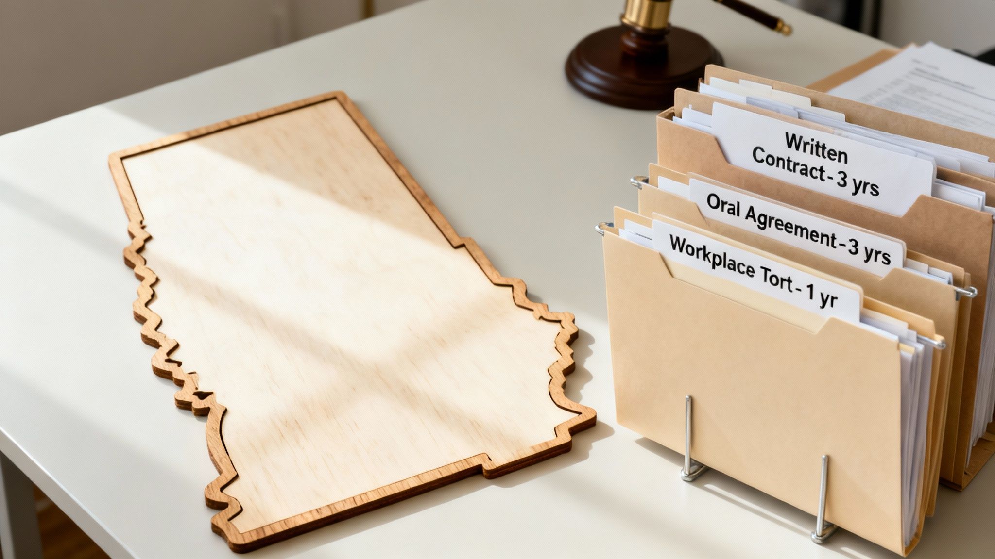 Desk with state map cutout and legal files detailing statutes of limitations for contracts and torts.