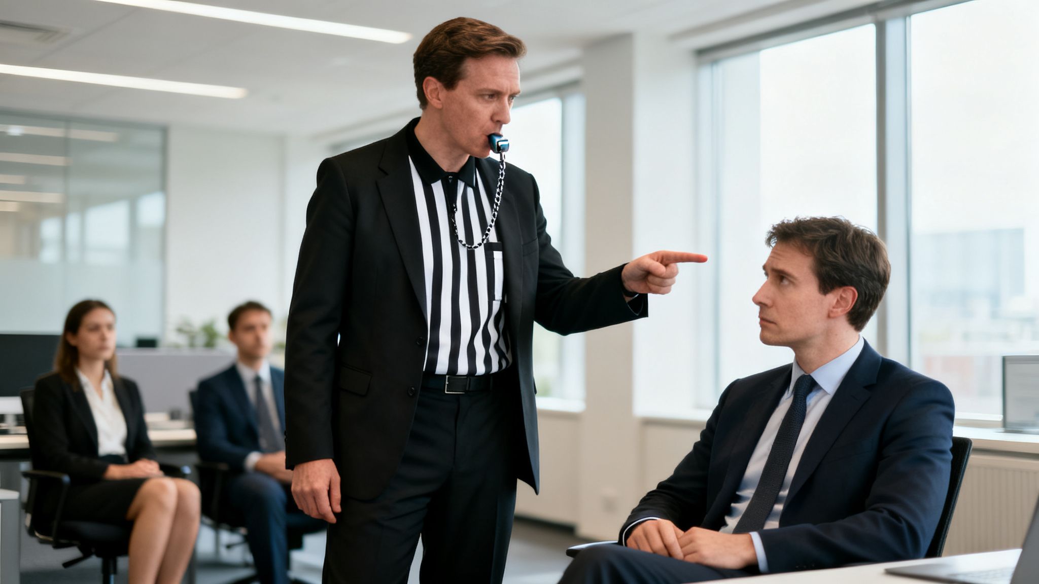 A man in a referee's uniform with a whistle points at a colleague in an office.