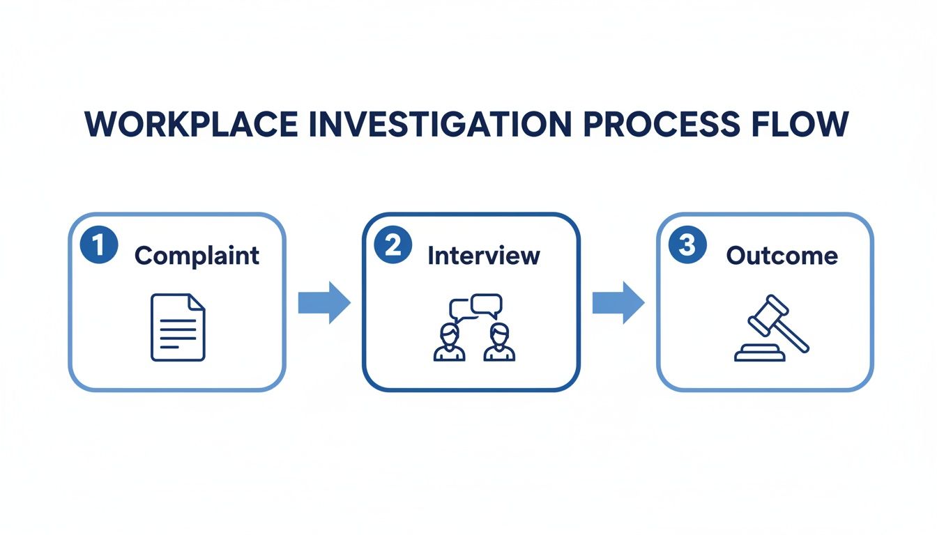 A simple flowchart illustrating the three key steps of a workplace investigation process: Complaint, Interview, and Outcome.