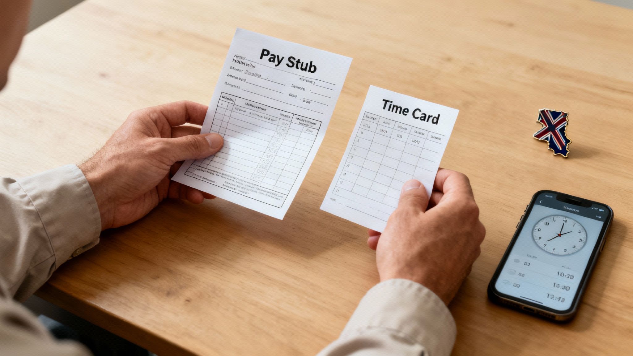 A person's hands hold a pay stub and time card, with a smartphone showing a clock app on a wooden table.