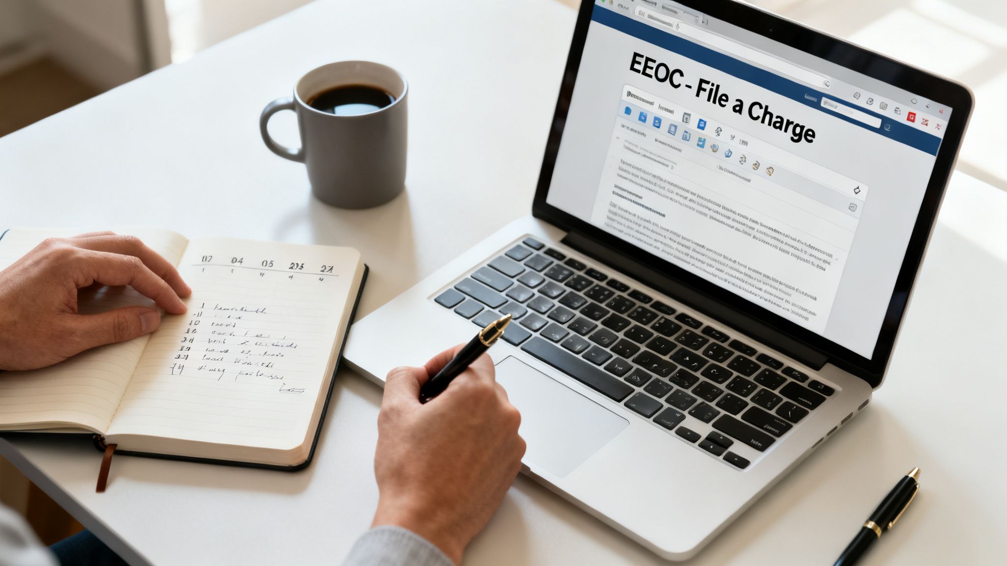 Person writing in a notebook while looking at a laptop displaying 'EEOC - File a Charge' on a desk.
