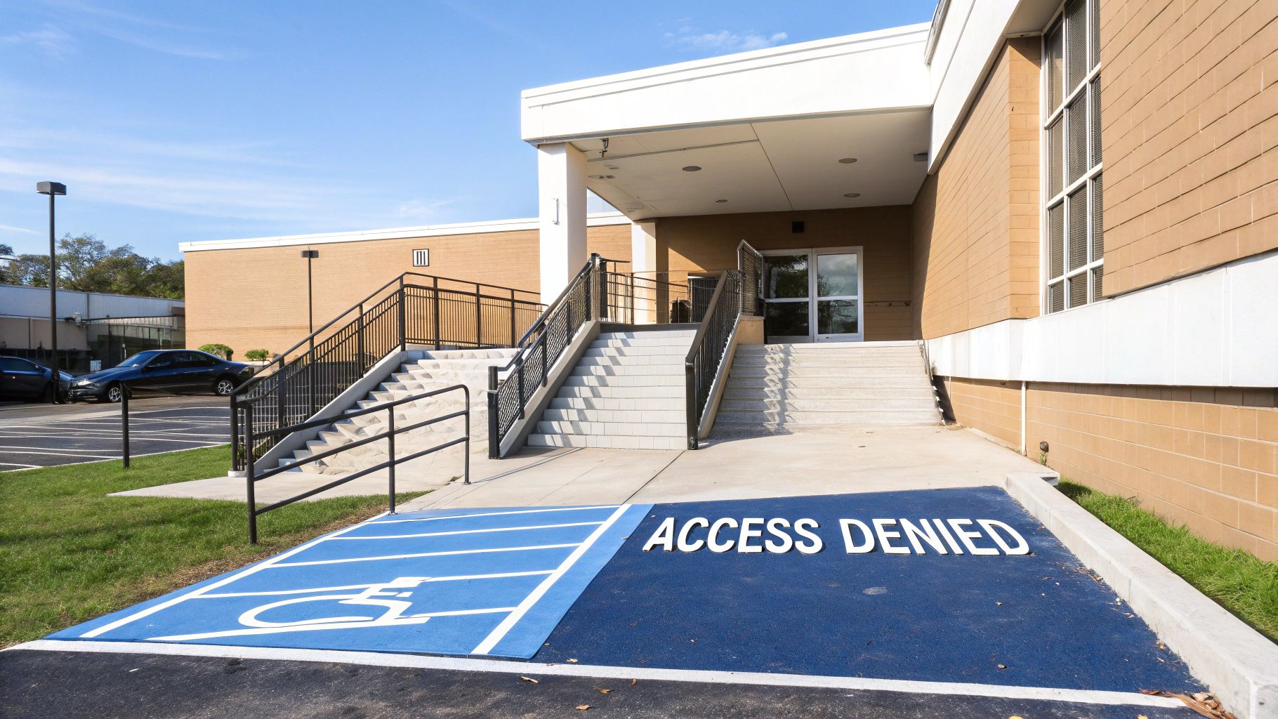 A blue disabled parking space with "ACCESS DENIED" painted, leading to a building entrance only accessible by stairs.