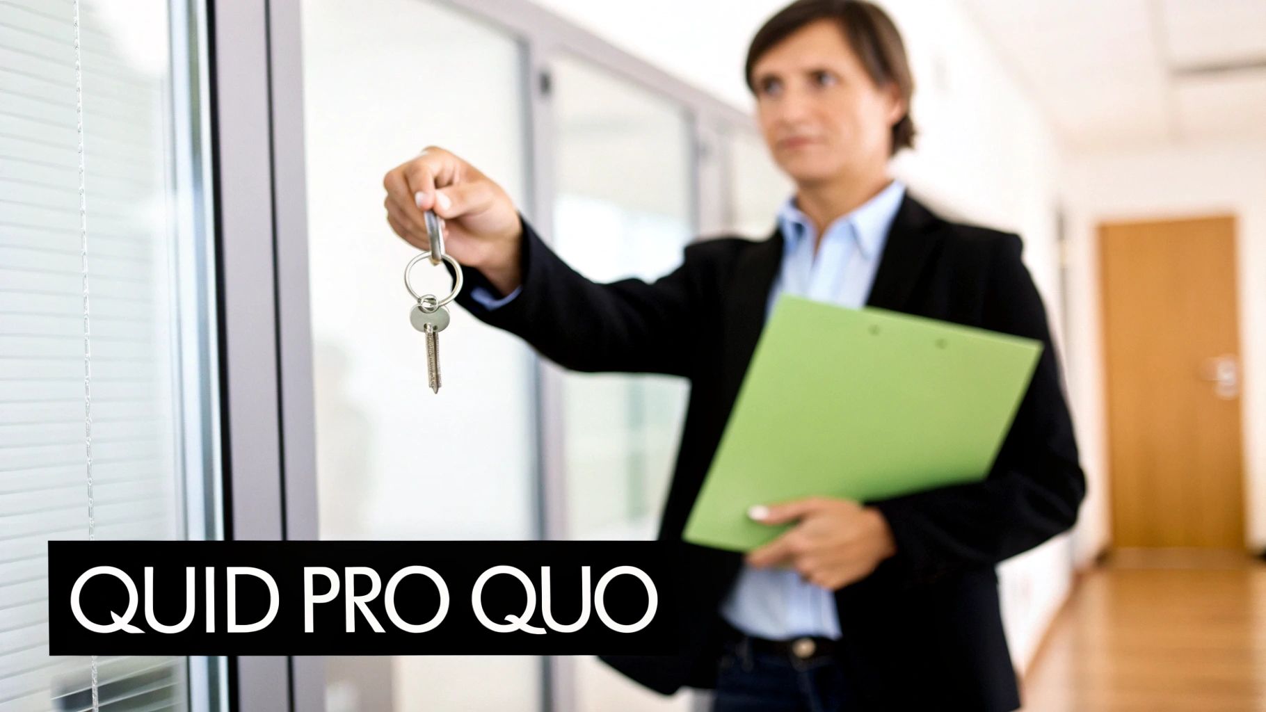 A professional in a suit extends a set of keys with a green clipboard, overlayed with 'QUID PRO QUO'.