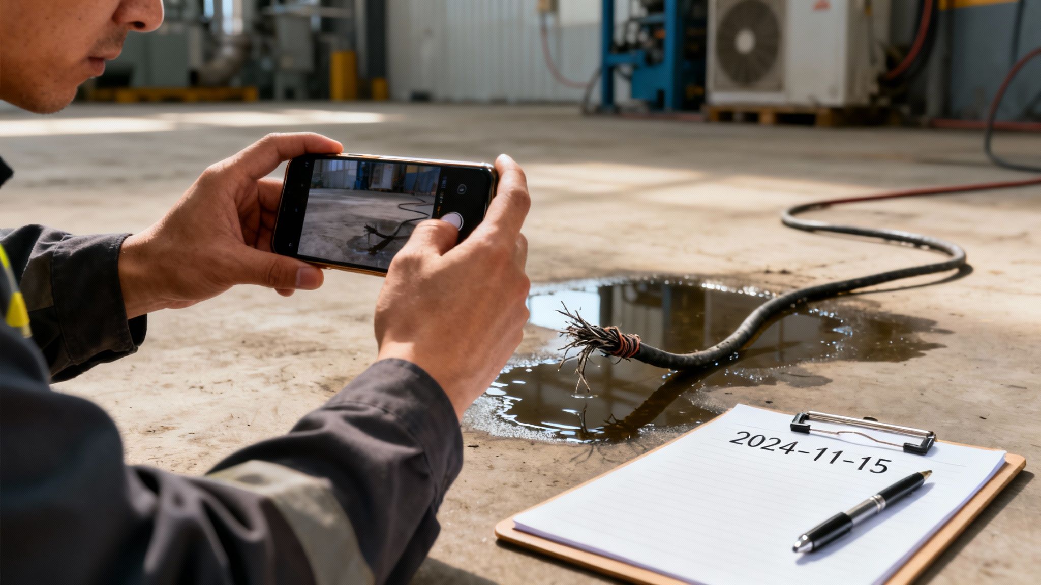 A worker photographs a damaged electrical cable lying in a water puddle, documenting a workplace hazard.