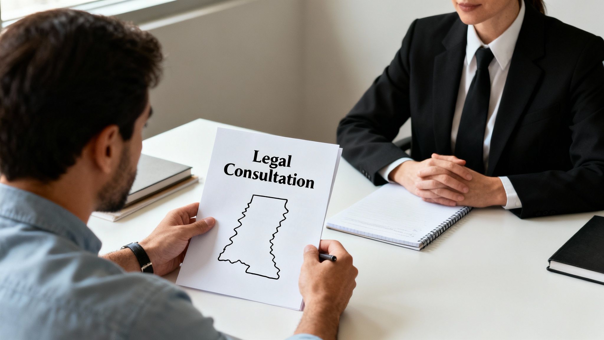 Man reviewing a document titled 'Legal Consultation' with Mississippi outline, consulting a lawyer.