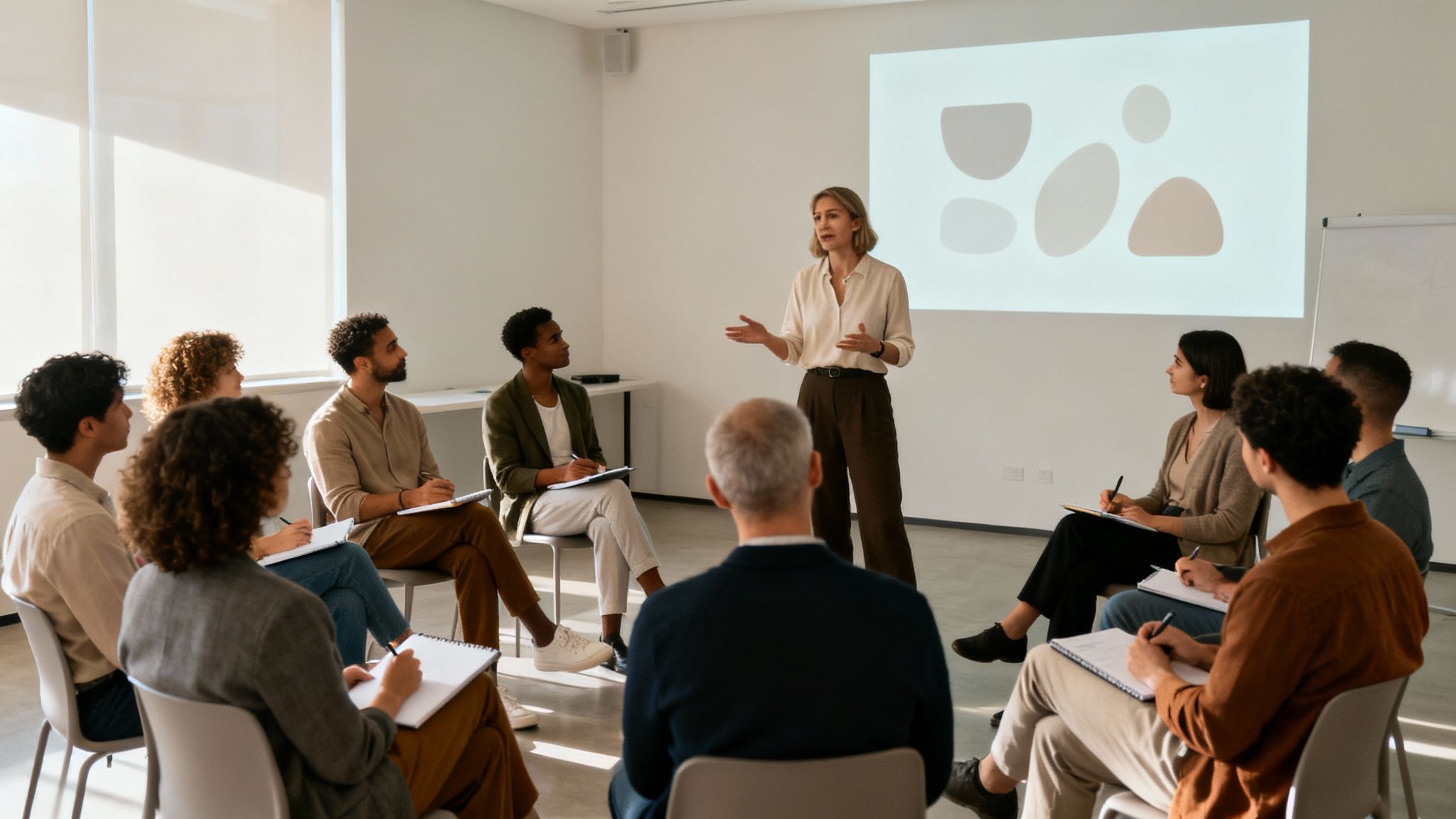 A woman leads a diverse group in a training session with a projector screen.