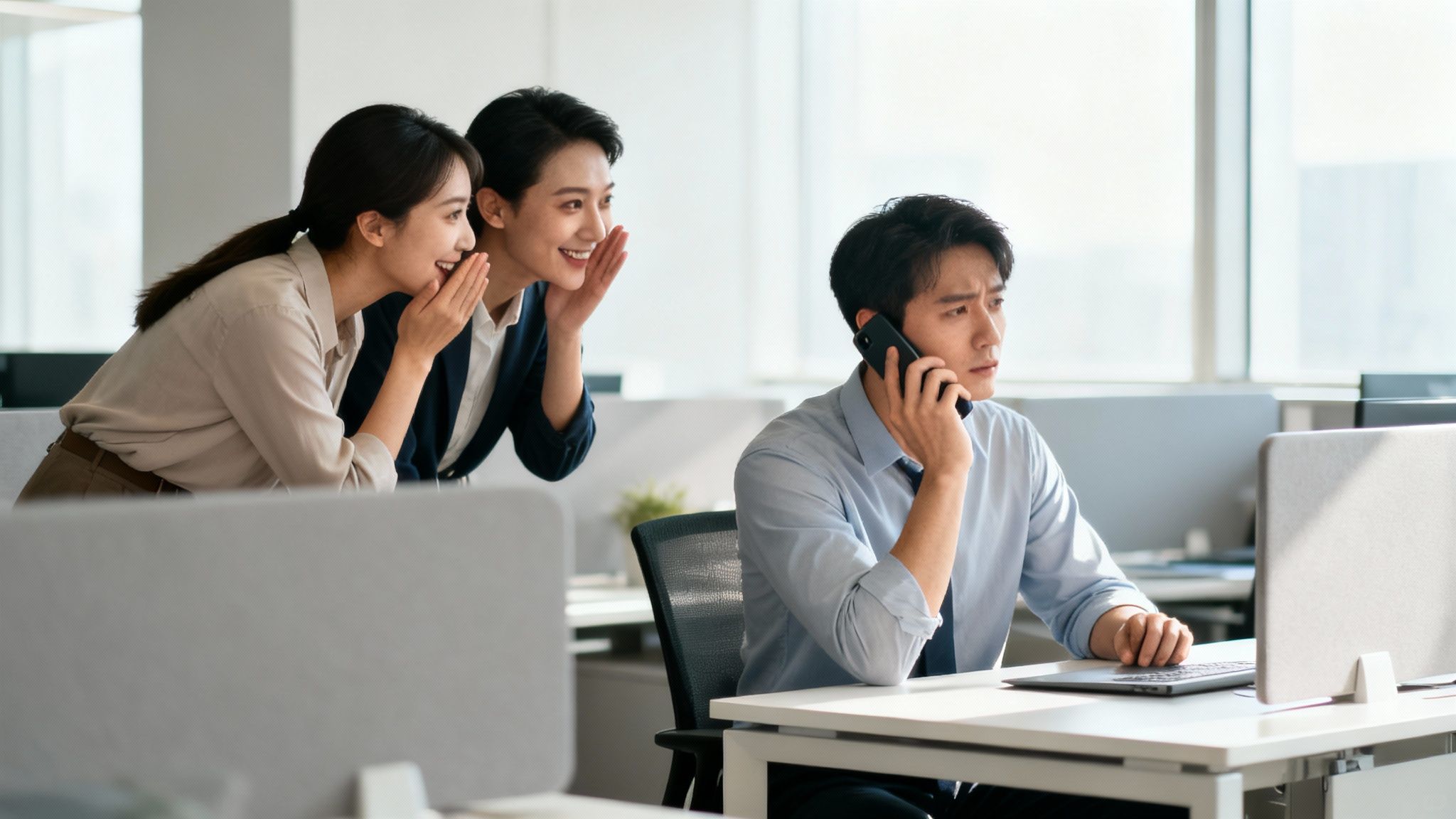 Two women whisper and smile behind a focused man talking on a phone in an office.