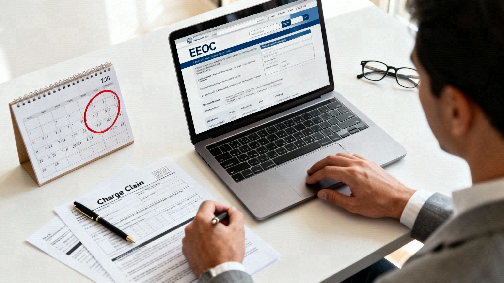 A person filling out a "Charge Claim" form while looking at an EEOC website on a laptop.