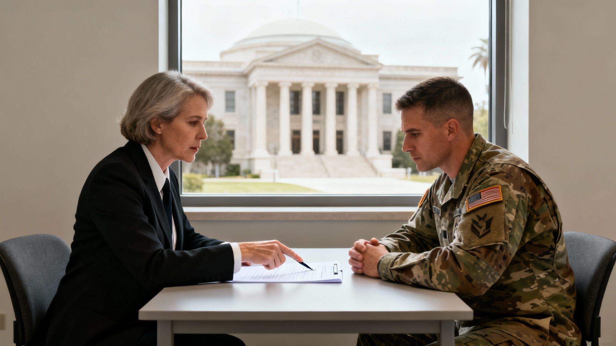 A legal professional discusses documents with a soldier in uniform at a table, with a government building visible outside.