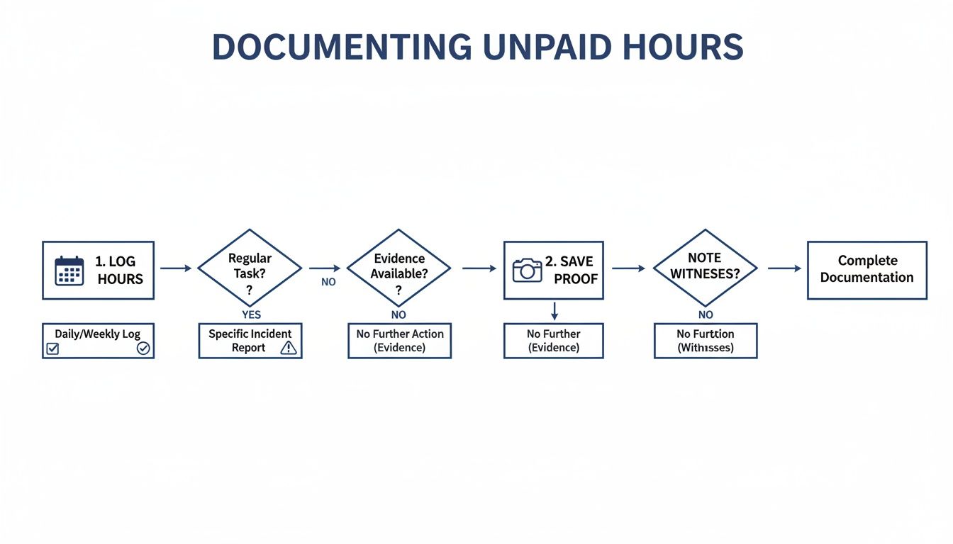 Flowchart detailing steps for documenting unpaid hours, including logging, gathering evidence, and saving proof.