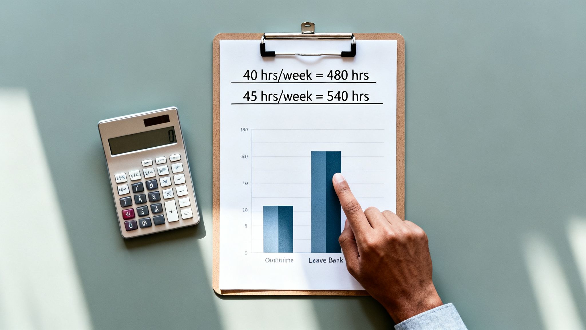 A calculator and a clipboard with a bar chart illustrating work hours, overtime, and leave bank.