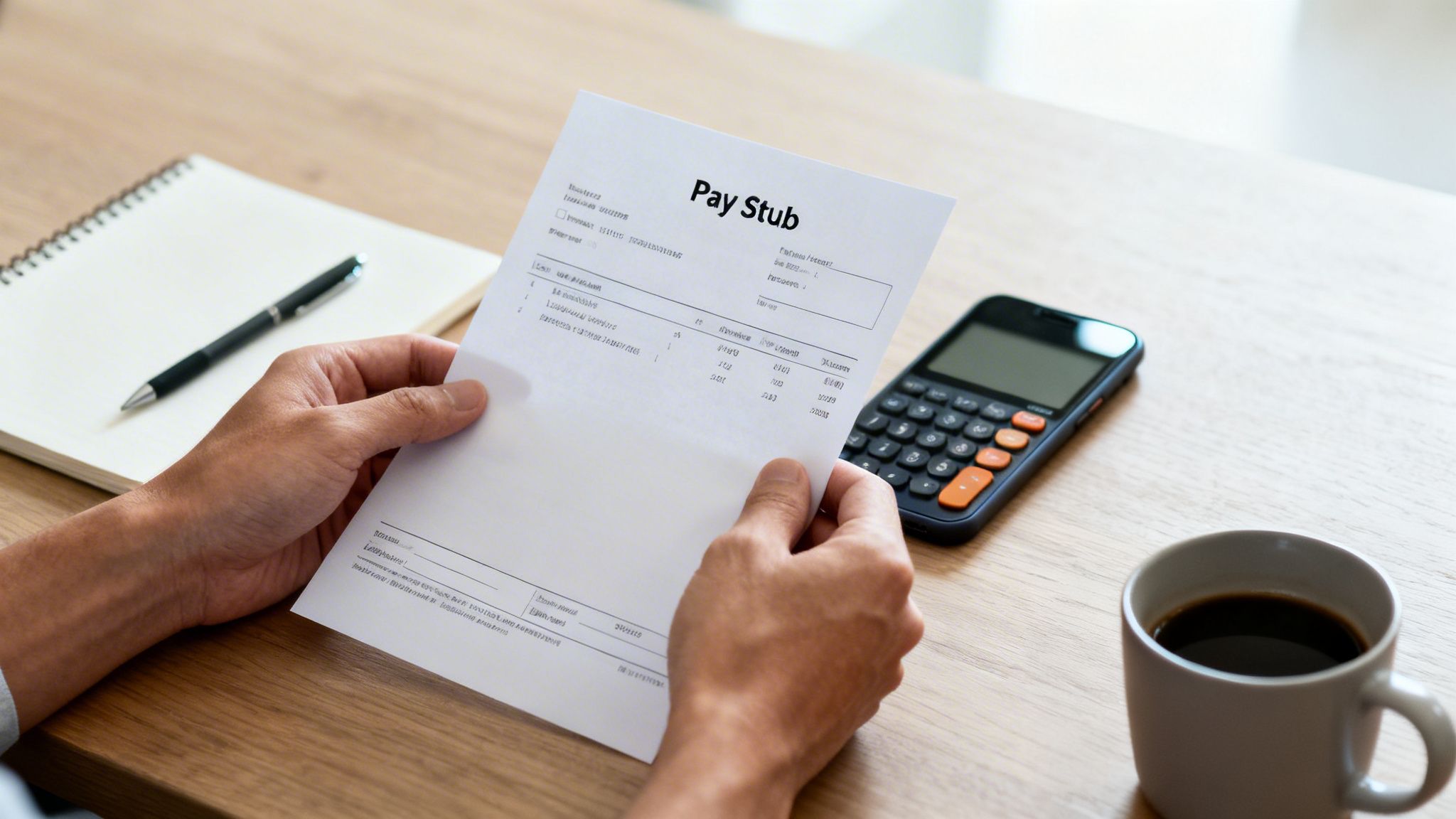 Person reviewing a pay stub and financial documents with a calculator and coffee on a desk.
