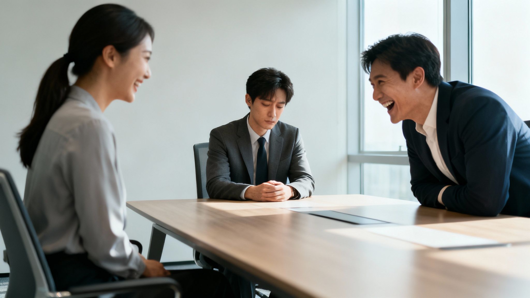 Two smiling colleagues laugh while a third man in a suit looks dejected at a meeting.