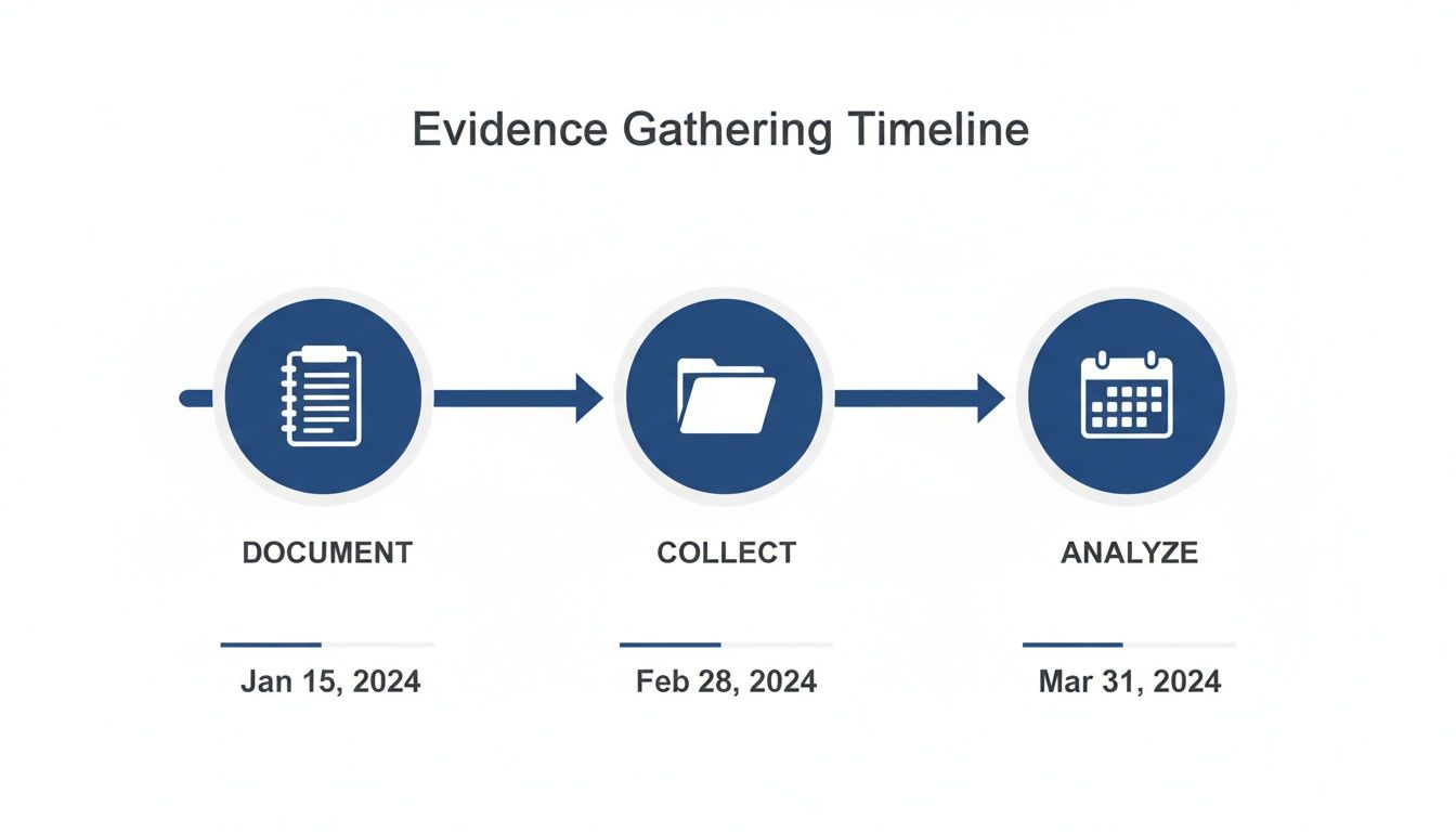 A timeline diagram showing the evidence gathering process with three stages: Document, Collect, and Analyze, each with specific dates.