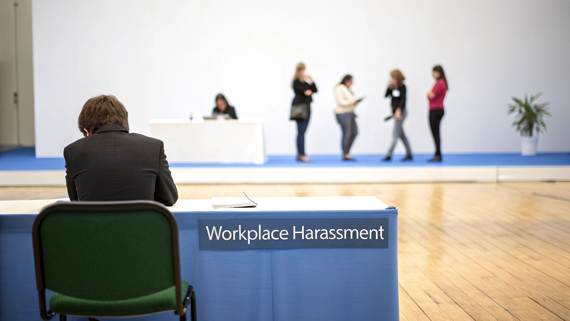 Man facing away at a 'Workplace Harassment' seminar with women blurred in the background.