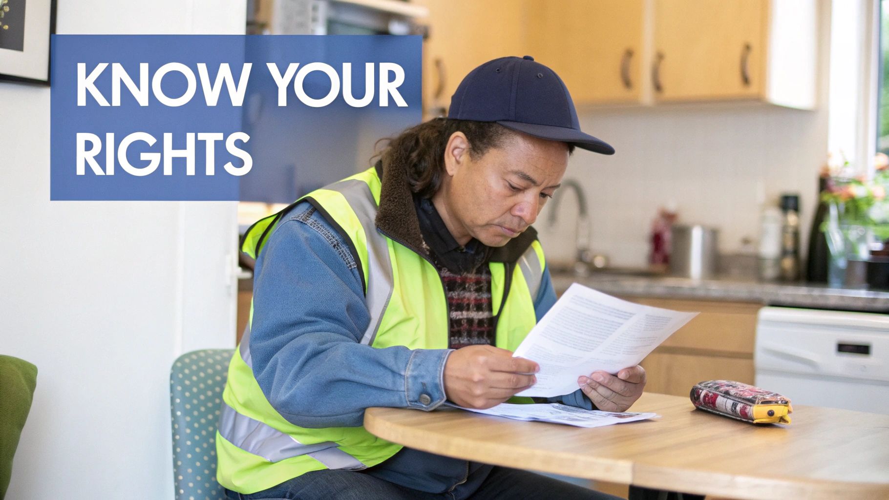 A worker in a reflective vest and cap reads documents about 'Know Your Rights' at a kitchen table.