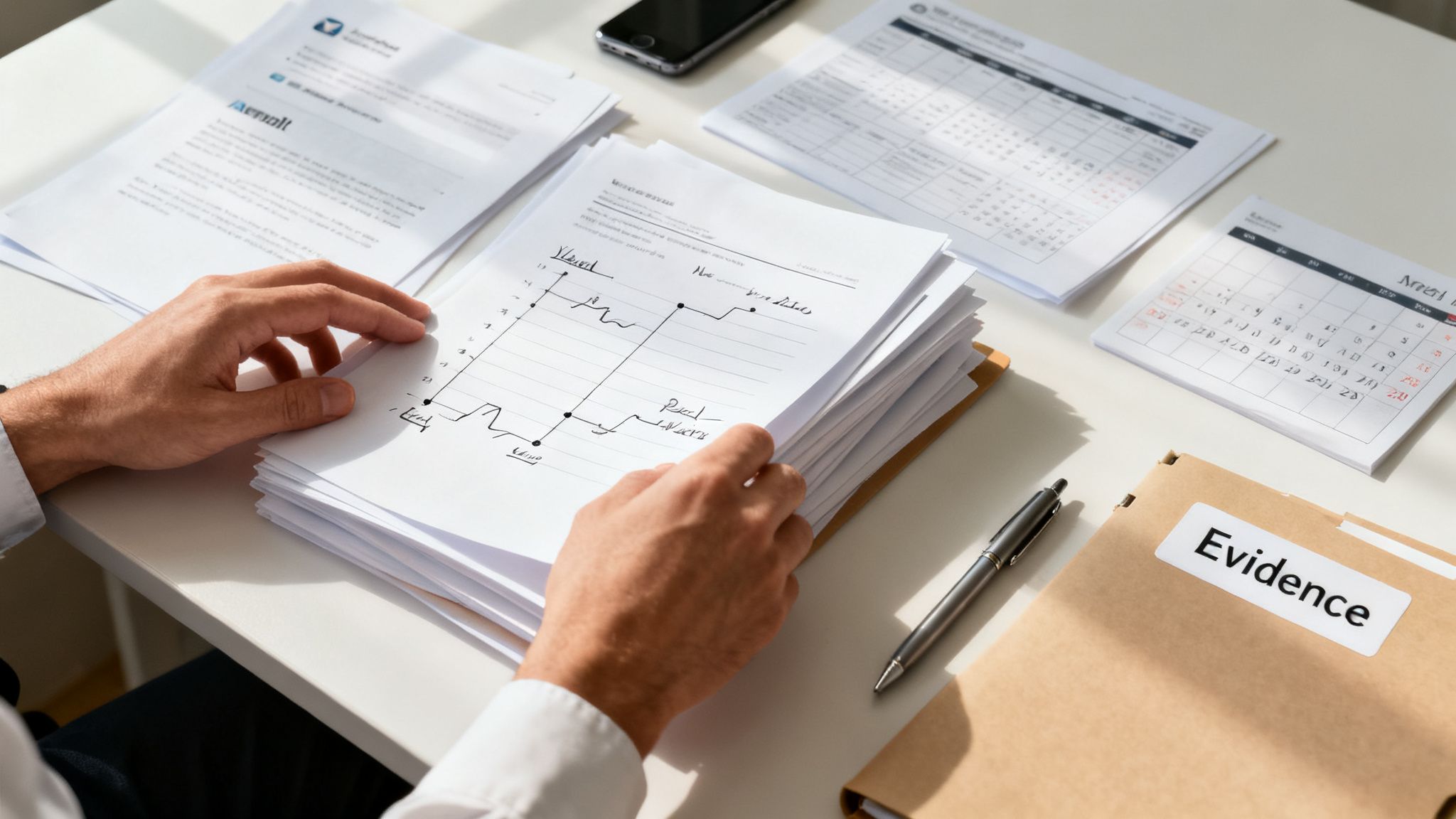Person's hands reviewing documents with a graph, surrounded by calendars and an 'Evidence' folder.