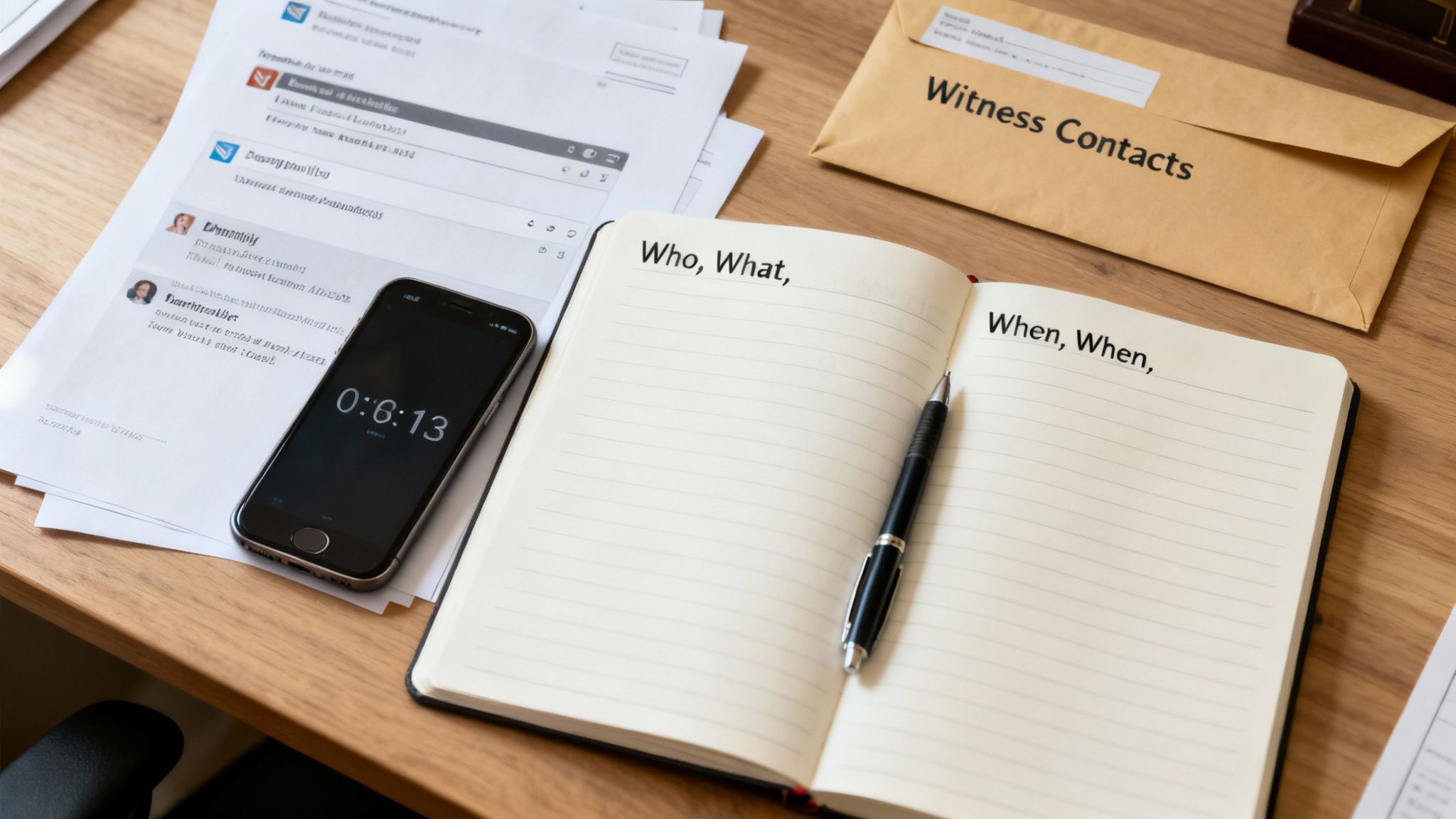An overhead view of a desk with an open notebook, phone timer, papers, and a 'Witness Contacts' envelope.