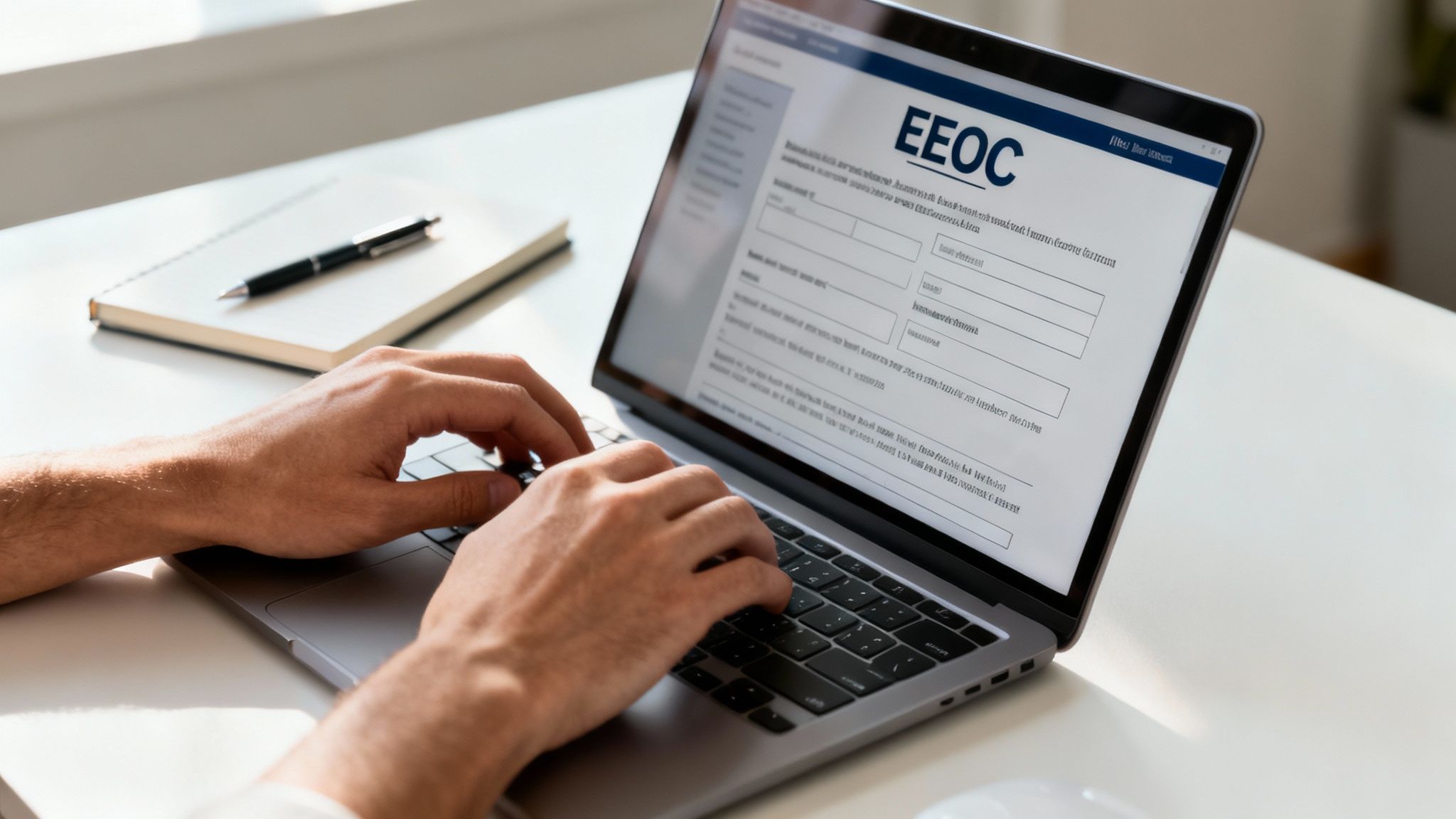 Person's hands typing on a laptop displaying an EEOC form on a bright desk with a notebook and pen.