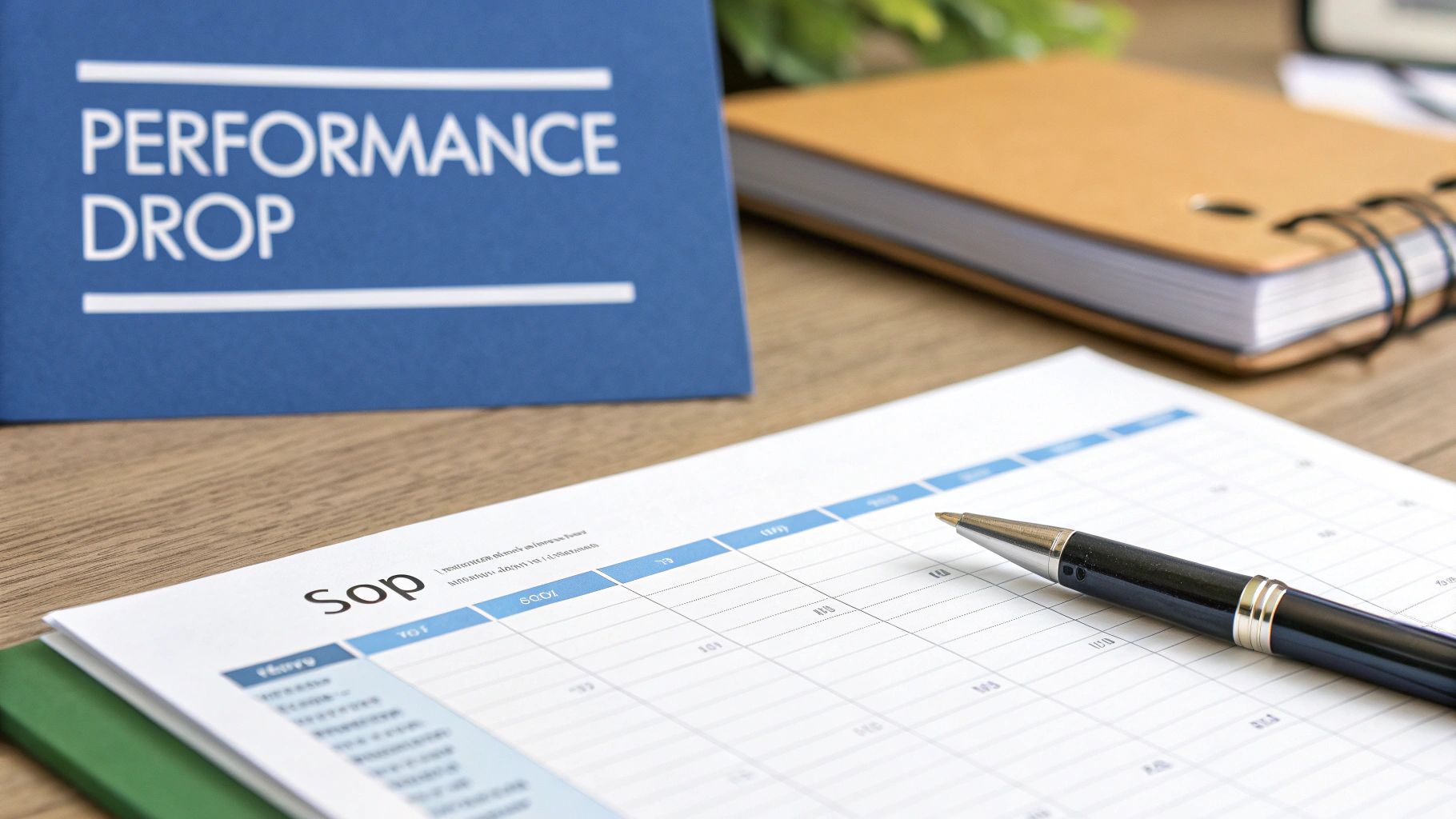 Blue folder with 'PERFORMANCE DROP' text, document, pen, and notebook on a wooden desk.