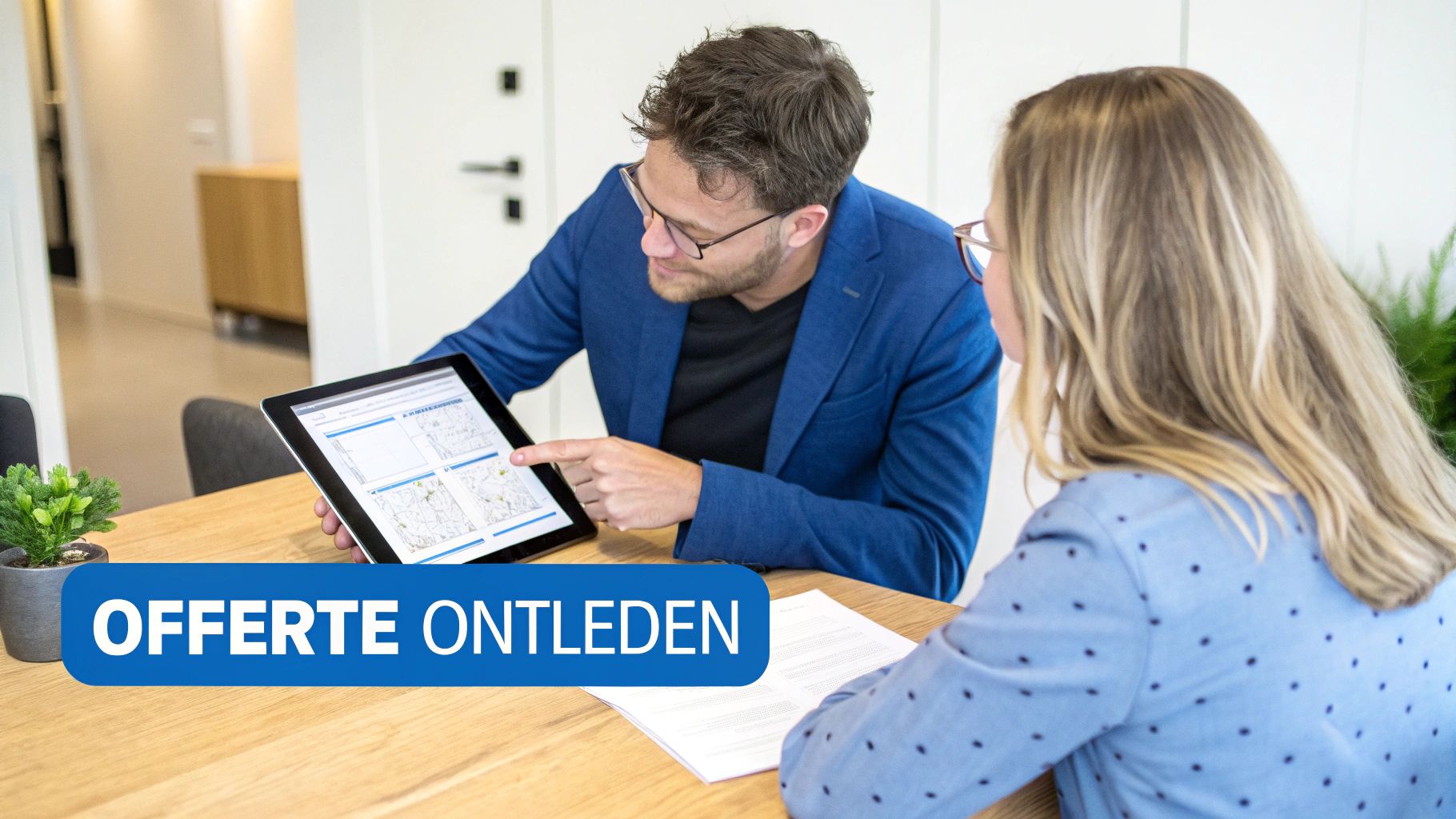 Man en vrouw analyseren een offerte op een tablet tijdens een zakelijke bespreking.