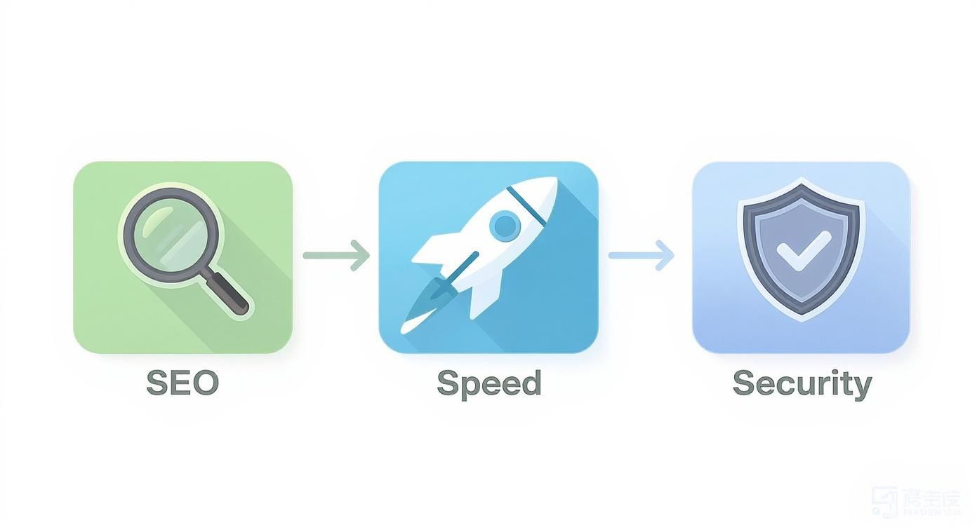 Een diagram toont het proces van SEO, snelheid en beveiliging voor website-optimalisatie met bijbehorende iconen.