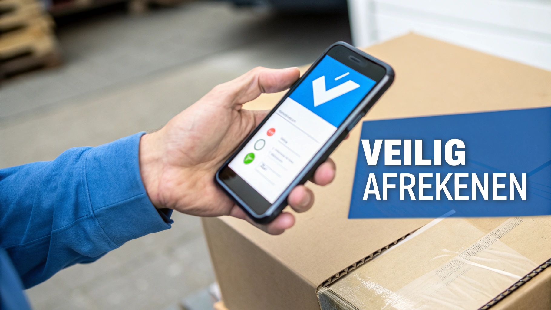 Een hand houdt een smartphone vast met een betaalapp, naast een 'VEILIG AFREKENEN' bord op een doos. Illustreert veilige online transacties.
