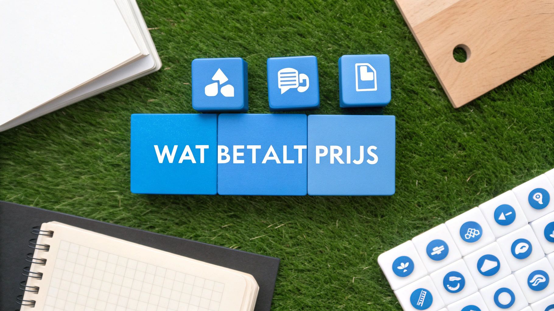 Blauwe blokjes met de tekst 'WAT BETAALT PRIJS' op kunstgras, omringd door kantoorbenodigdheden en iconen.