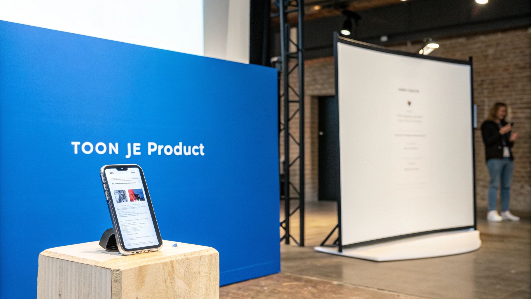 Een smartphone op een houten blok voor een blauw scherm met de tekst 'TOON JE Product'.