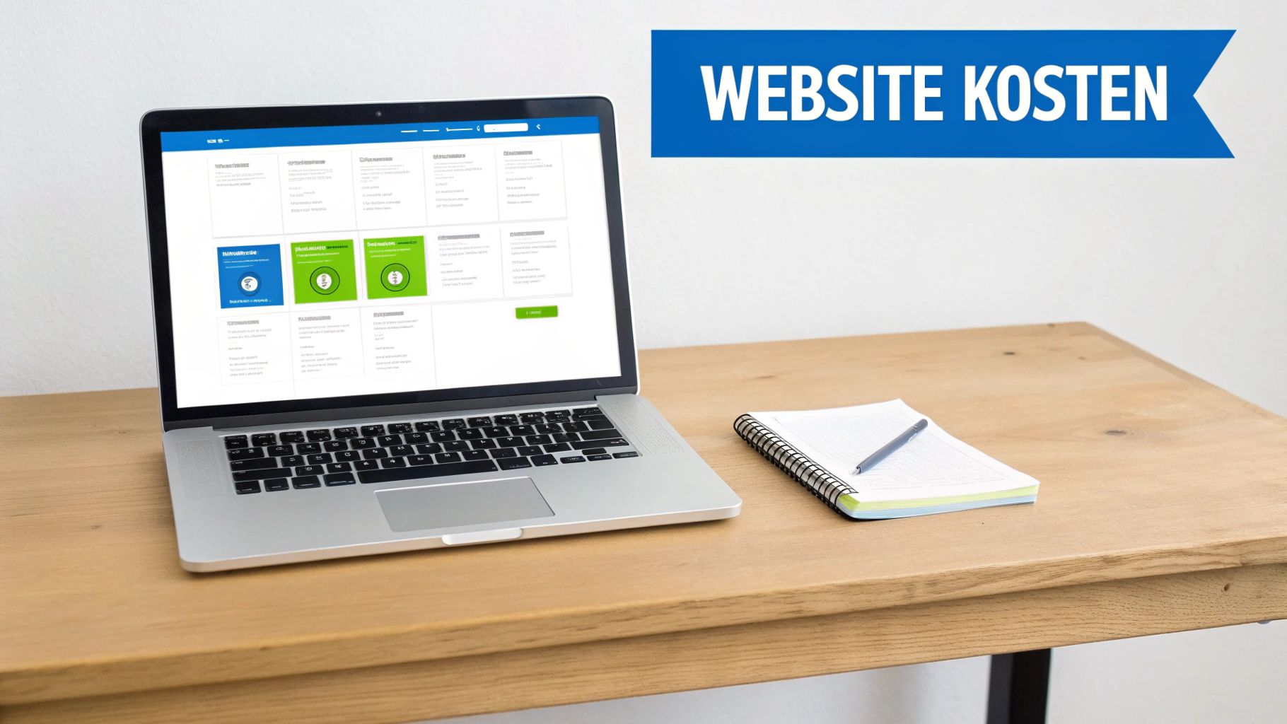 Laptop op een houten bureau met een notitieboekje en pen. Het scherm toont een dashboard en een blauwe banner met de tekst 'WEBSITE KOSTEN' hangt aan de muur.
