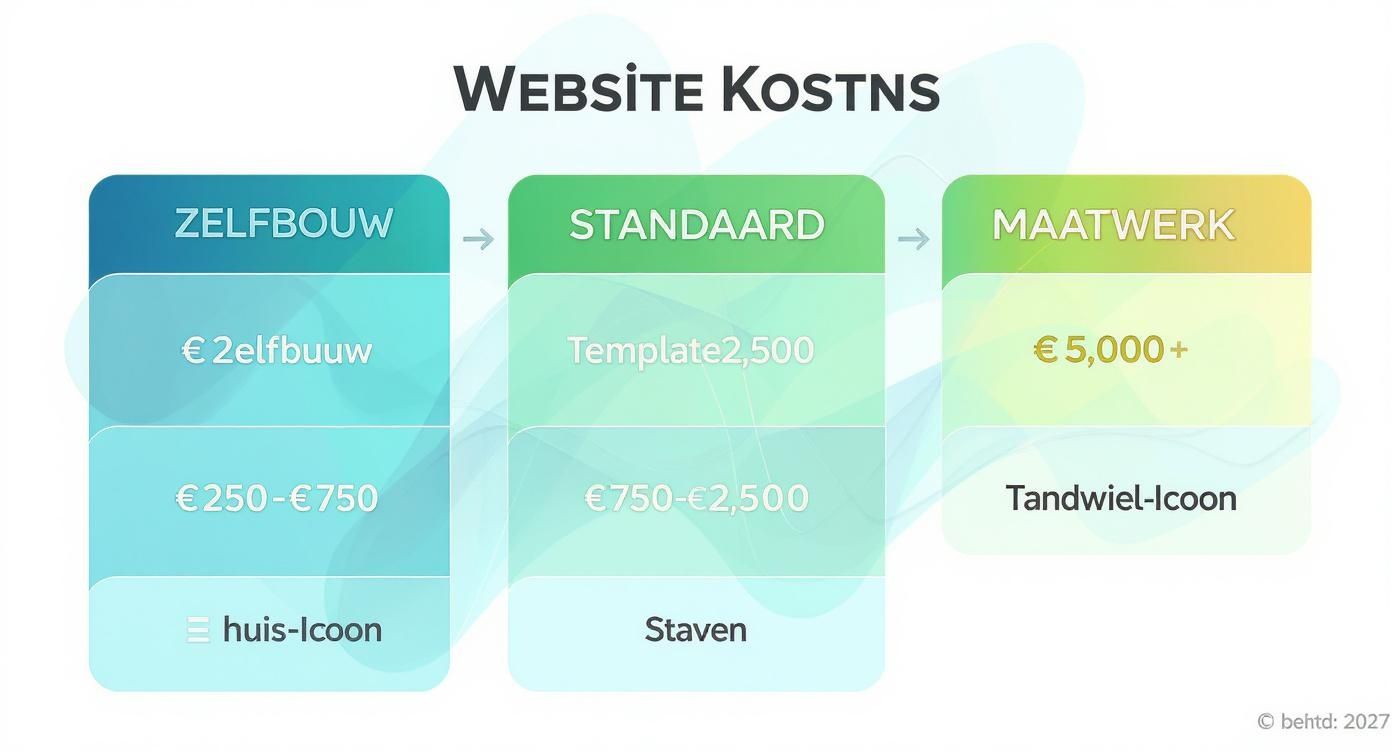 Overzicht van website ontwikkelingskosten, onderverdeeld in zelfbouw, standaard en maatwerk, met bijbehorende prijsindicaties.