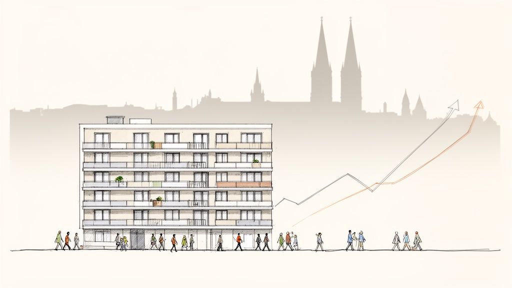 Illustration eines modernen Wohngebäudes mit Menschen, einer Stadtsilhouette und aufsteigenden Wachstumspfeilen.