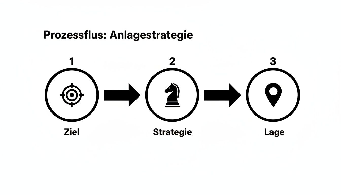 Ein Flussdiagramm zeigt den Prozess der Anlagestrategie von Ziel über Strategie bis zur Lage.