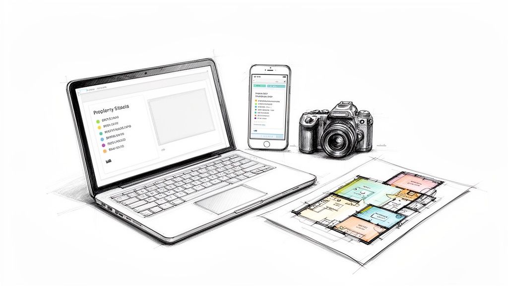 Skizze von Laptop, Smartphone, Kamera und Grundriss, nützlich für Immobilienprojekte.