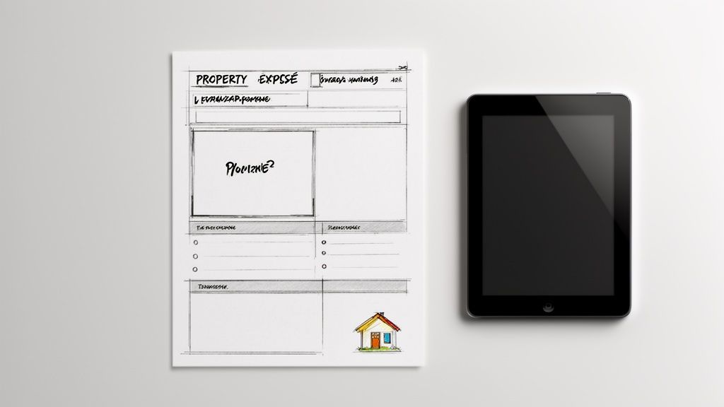 Handgezeichnetes Immobilien Exposé Musterblatt neben einem schwarzen Tablet auf hellem Hintergrund mit einem Haus-Symbol.