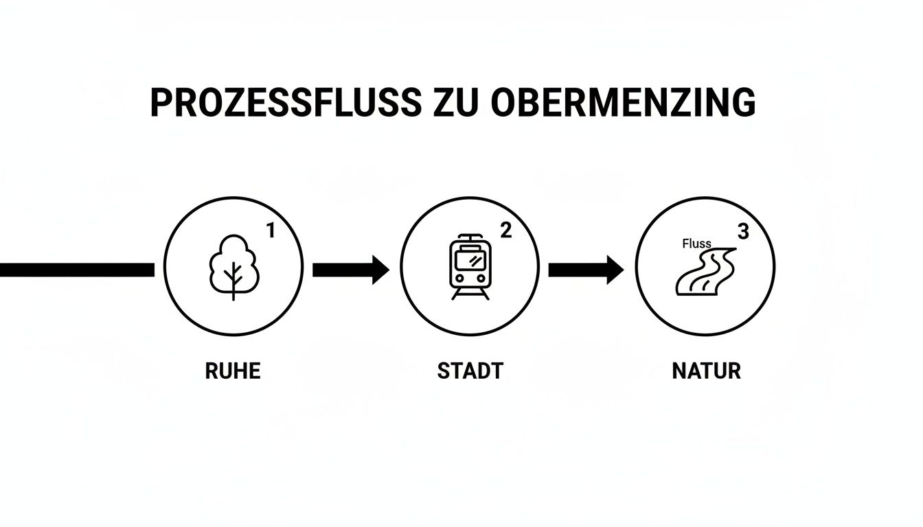 Prozessflussdiagramm für Obermenzing mit den Phasen Ruhe, Stadt und Natur, dargestellt durch Symbole.