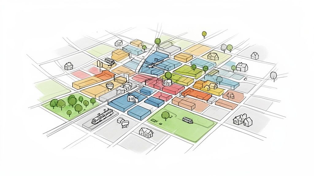 Isometrische, handgezeichnete Stadtkarte mit bunten Gebäuden, Parks, Straßen und Fahrzeugen, die eine städtische Entwicklung darstellt.