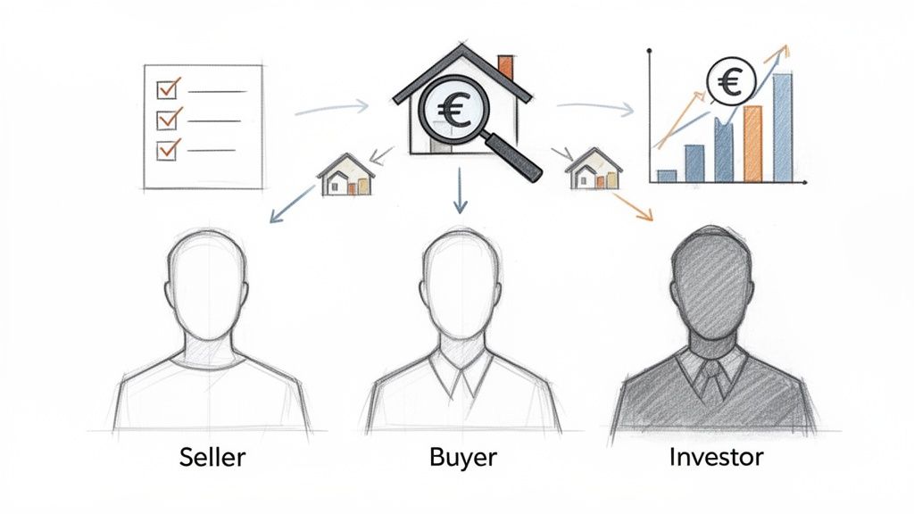 Visualisierung des Immobilienprozesses: Verkäufer, Käufer und Investor bei der Bewertung und dem Handel von Objekten.
