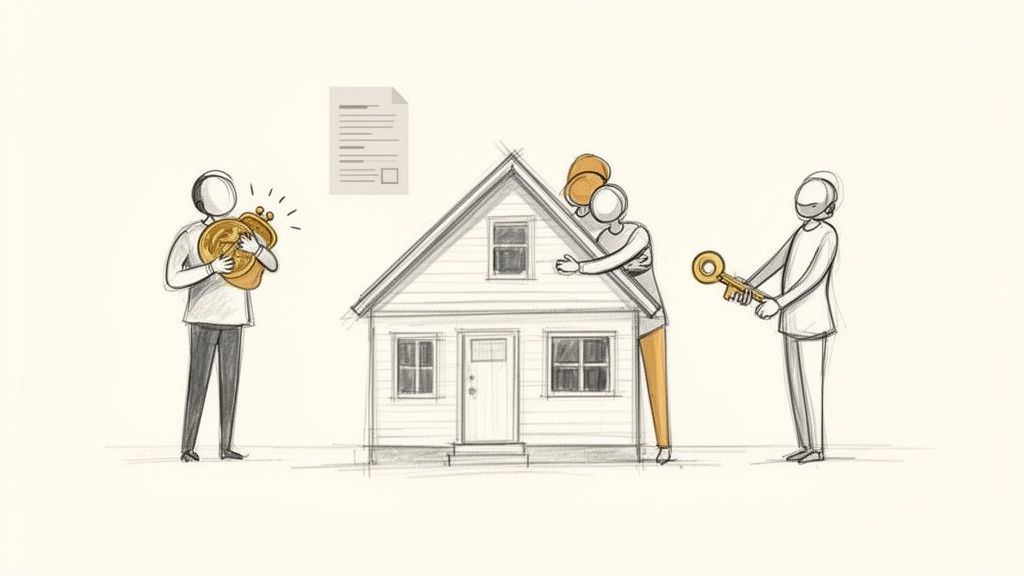 Skizze einer Immobilientransaktion: Eine Person mit Geld, ein Paar umarmt ein Haus, und jemand hält einen Schlüssel.