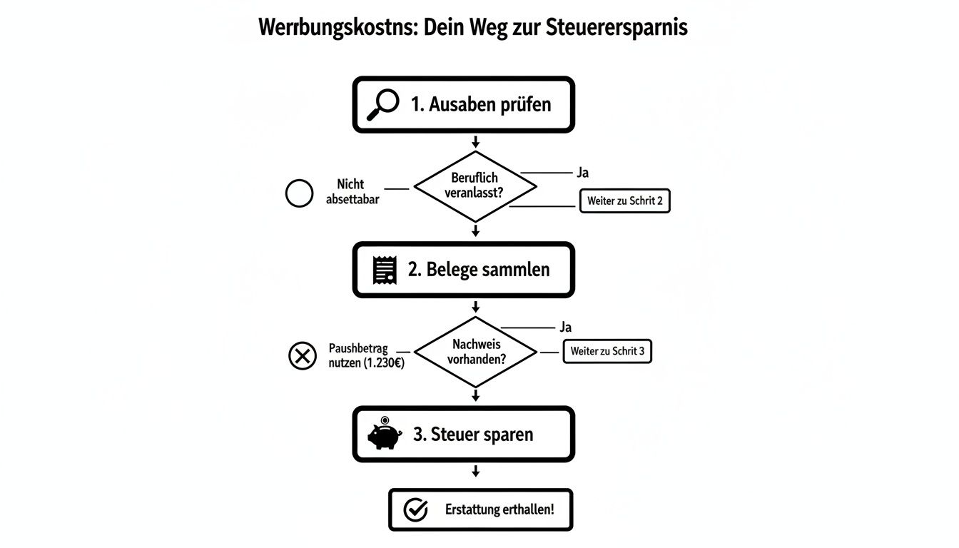 Flussdiagramm zur Steuerersparnis durch Werbungskosten, mit Schritten wie Ausgabenprüfung, Belegesammlung und Nutzung des Pauschbetrags.