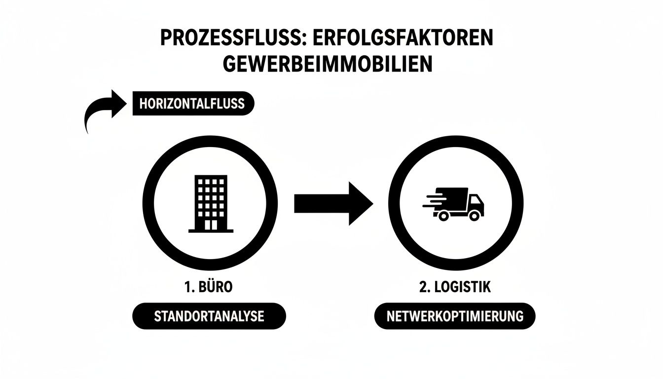 Prozessflussdiagramm der Erfolgsfaktoren für Gewerbeimmobilien: Büro (Standortanalyse) und Logistik (Netzwerkoptimierung).