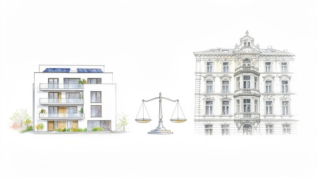 Waage zwischen modernem und traditionellem Gebäude, symbolisiert Neubau versus Altbau.