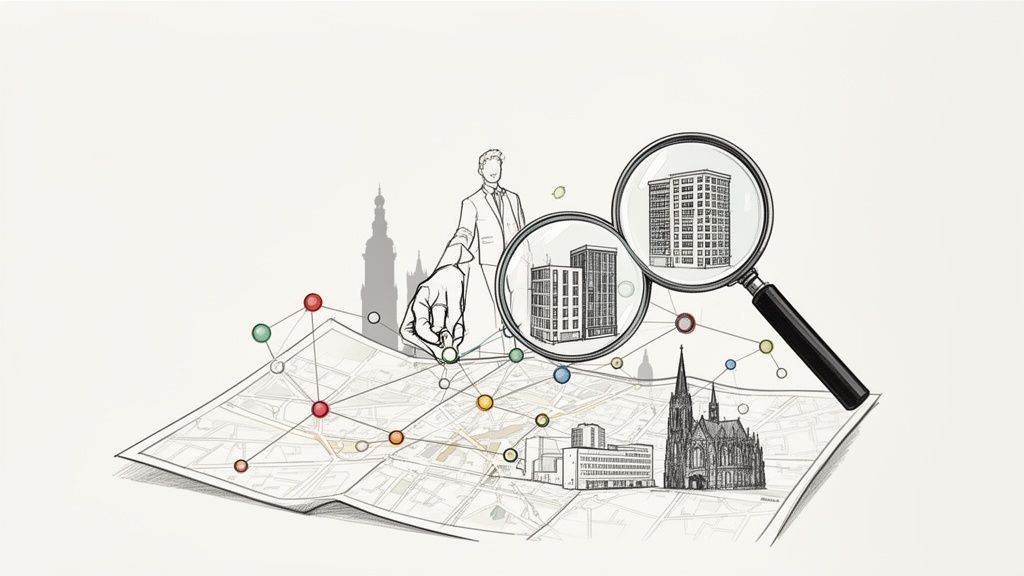 Mann analysiert Stadtplan mit Immobilien und vernetzten Datenpunkten, fokussiert auf Gebäude.