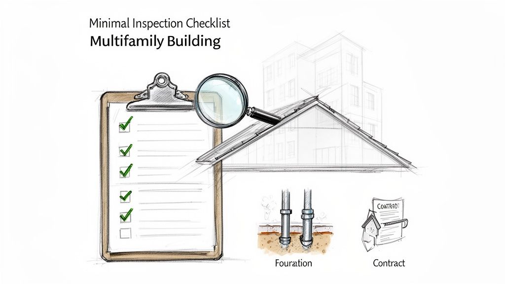 Checkliste für die Inspektion eines Mehrfamilienhauses mit Lupe, Gebäudeskizze, Fundament und Vertrag.