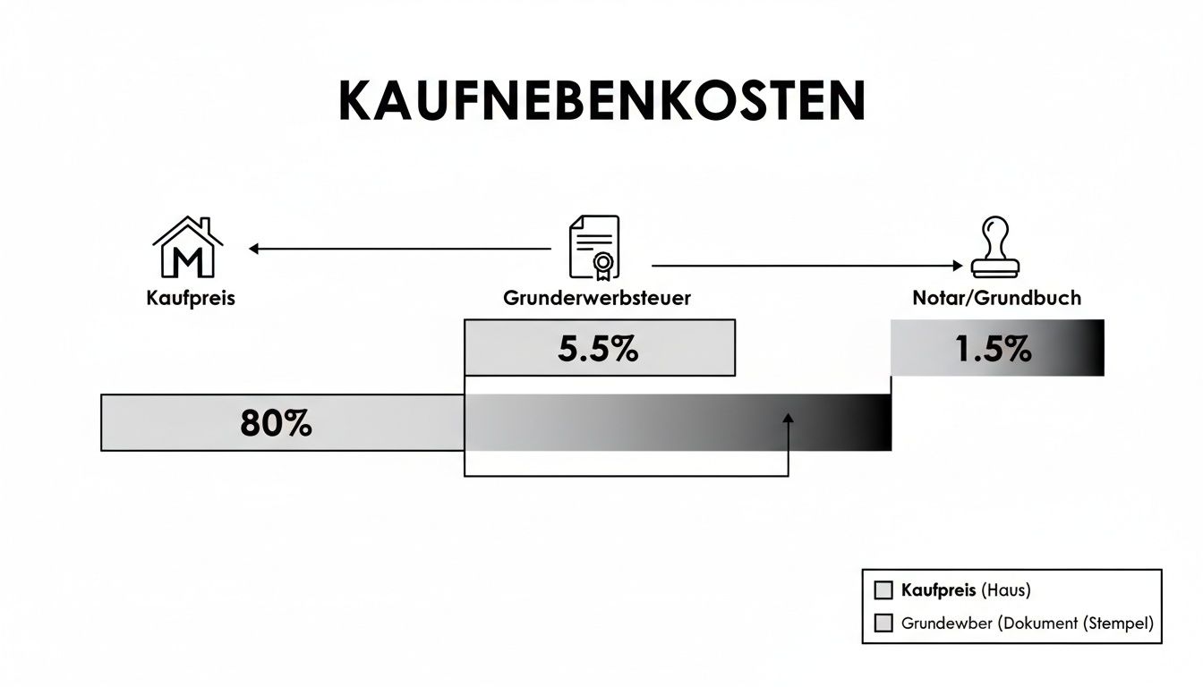 Infografik zeigt Kaufnebenkosten beim Immobilienkauf: 80% Kaufpreis, 5.5% Grunderwerbsteuer, 1.5% Notar/Grundbuchgebühren.