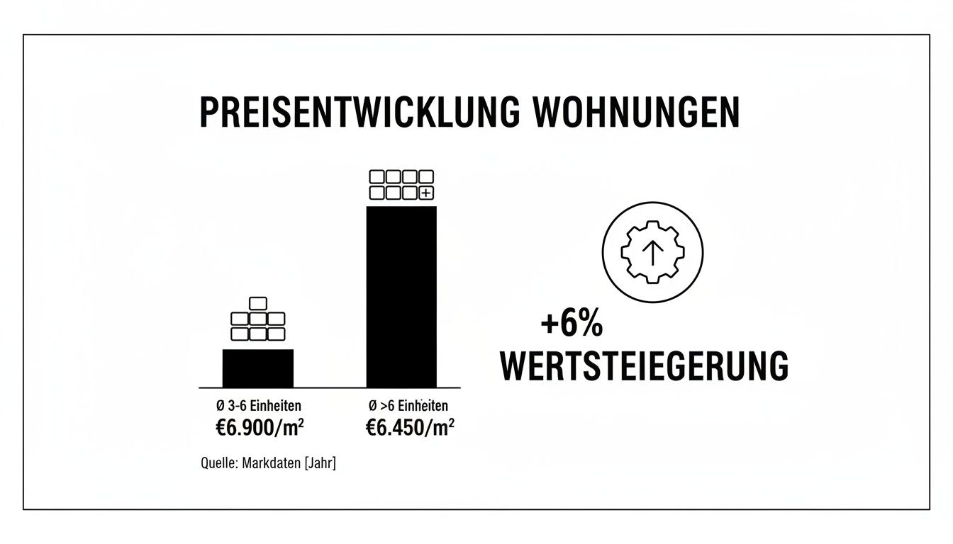 Grafik zur Preisentwicklung von Wohnungen nach Anzahl der Einheiten und Wertsteigerung in München.