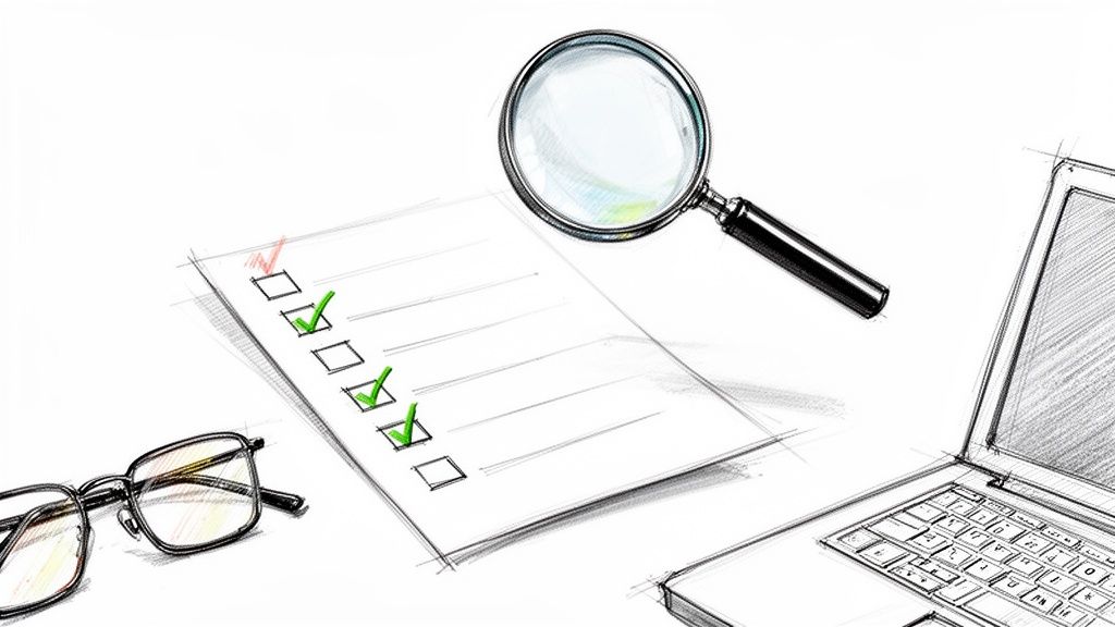 Eine Skizze zeigt eine Checkliste mit grünen Häkchen und einem roten Kreuz, eine Lupe, Brille und Laptop.